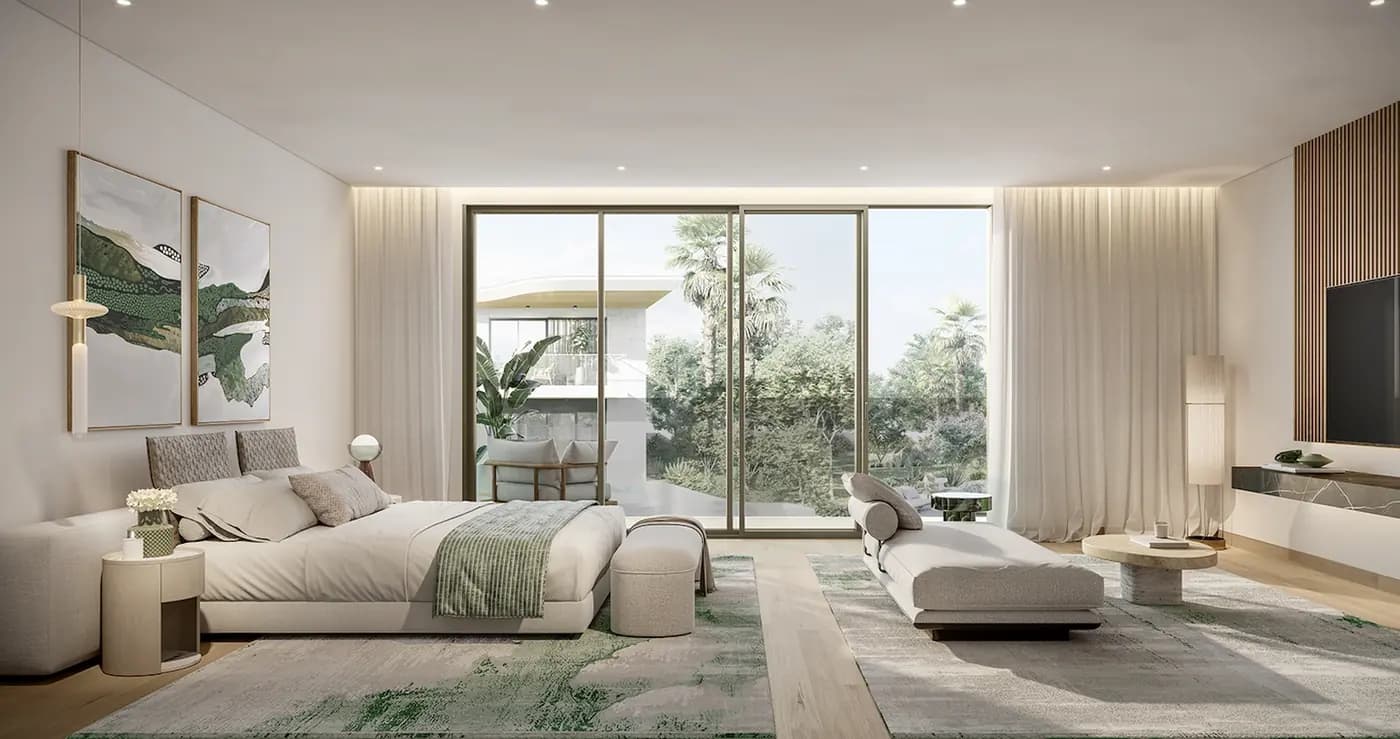 Developer rendering of a Talay villa master bedroom in a pale natural palette