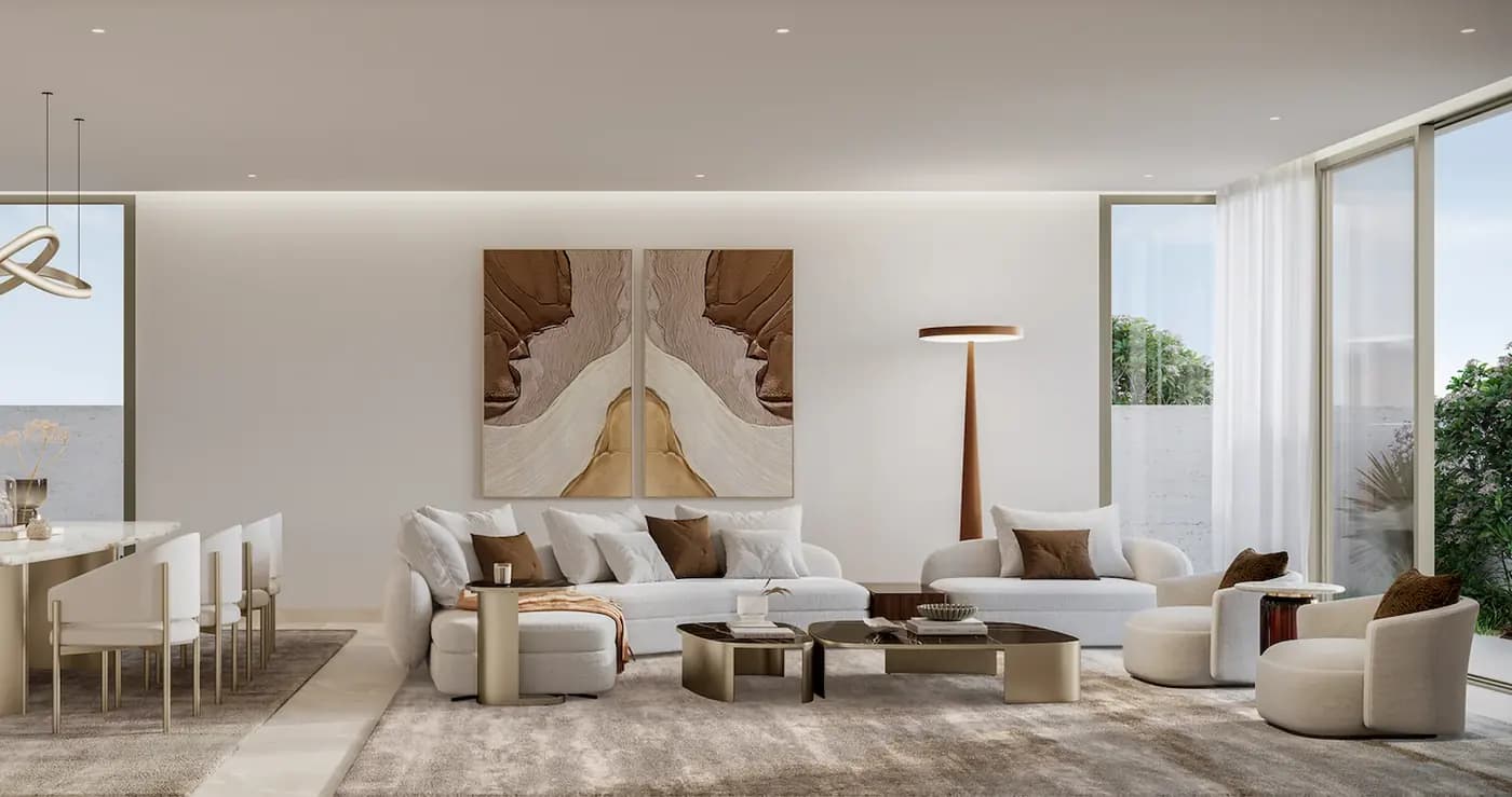 Developer rendering of a Talay villa dining and lounge with commissioned Emirati artwork