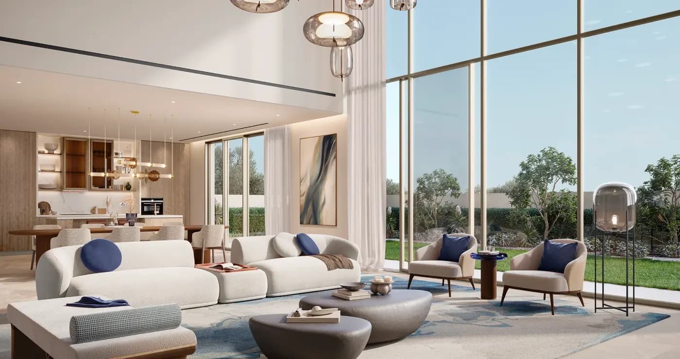 Developer rendering of a Talay villa living room with floor-to-ceiling glazing to the garden