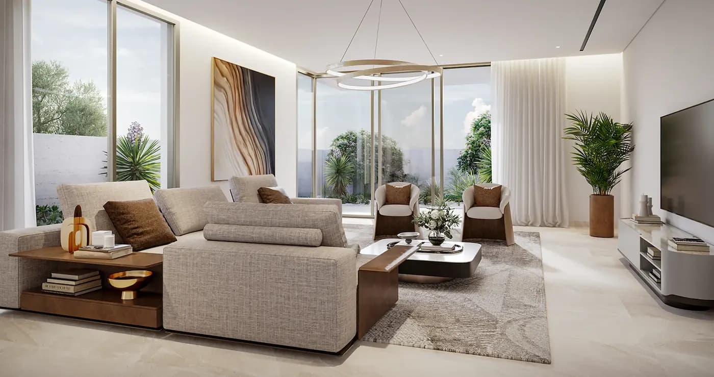 Developer rendering of a Talay villa family lounge with double-height ceiling