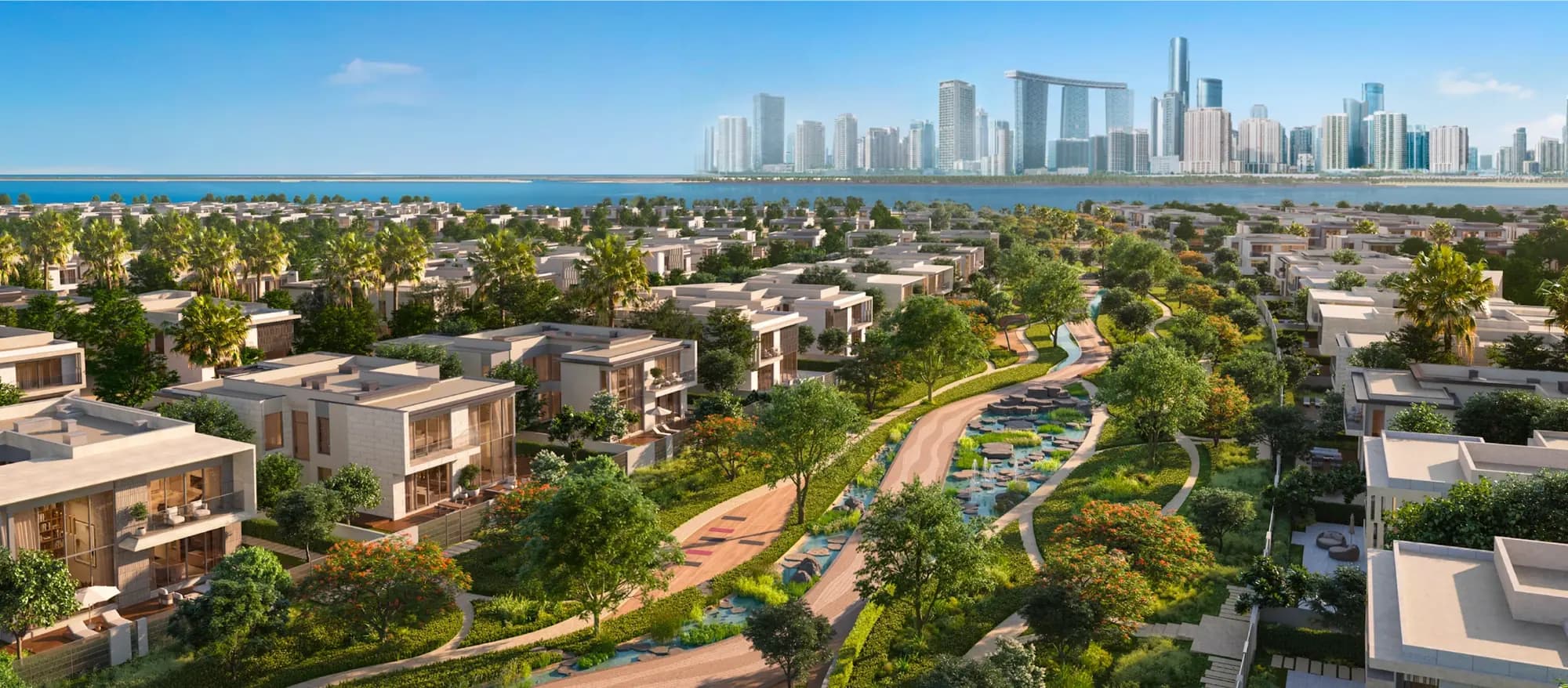 Developer rendering of Talay Beach villas towards the water with the Abu Dhabi skyline beyond