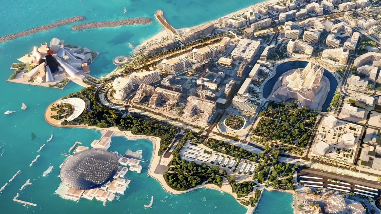 Developer rendering of Saadiyat Cultural District with Louvre Abu Dhabi, Guggenheim Abu Dhabi and the museum quarter