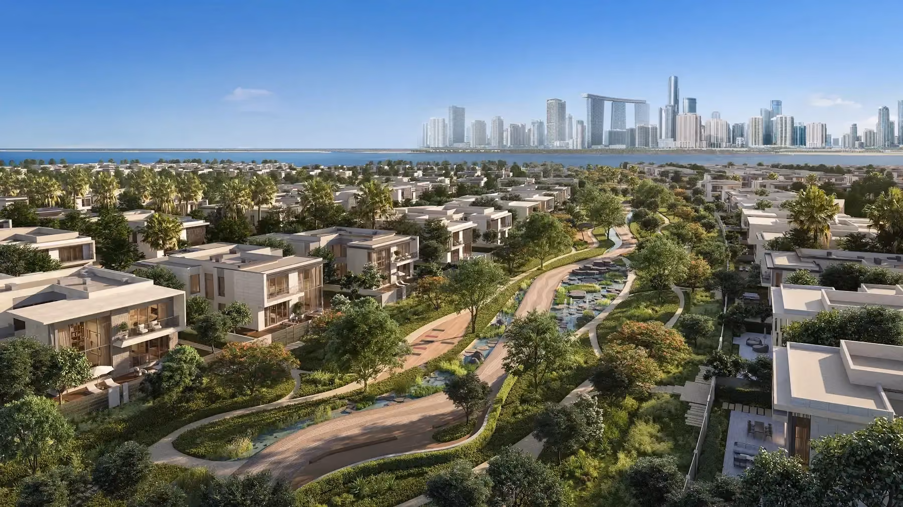 Developer rendering of Talay standalone villas along the landscaped green spine, with the sea and the Abu Dhabi skyline beyond