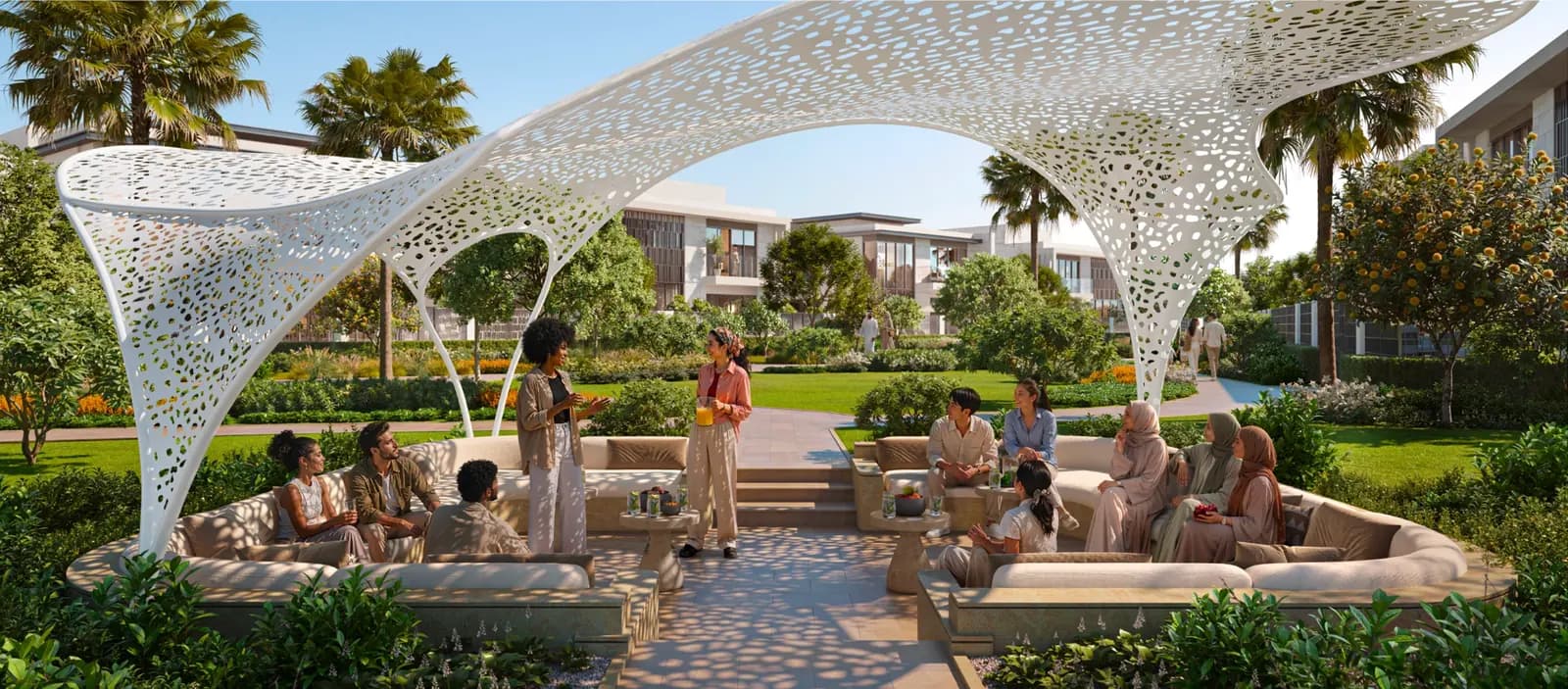 Developer rendering of the outdoor majlis pavilion at Talay with a perforated canopy, shaded seating and gardens