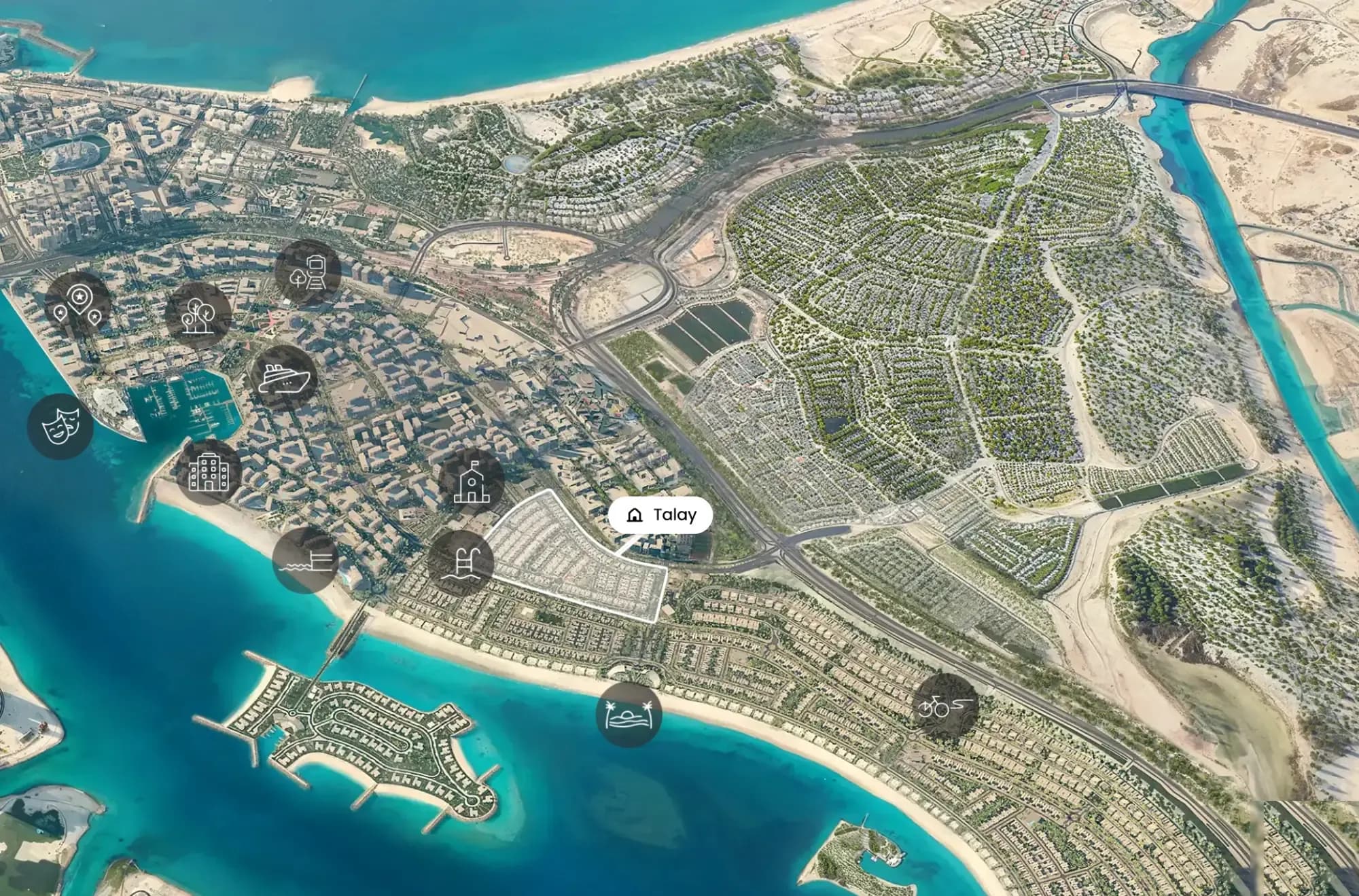 Aldar's published masterplan aerial of Marsa Al Saadiyat with Talay outlined