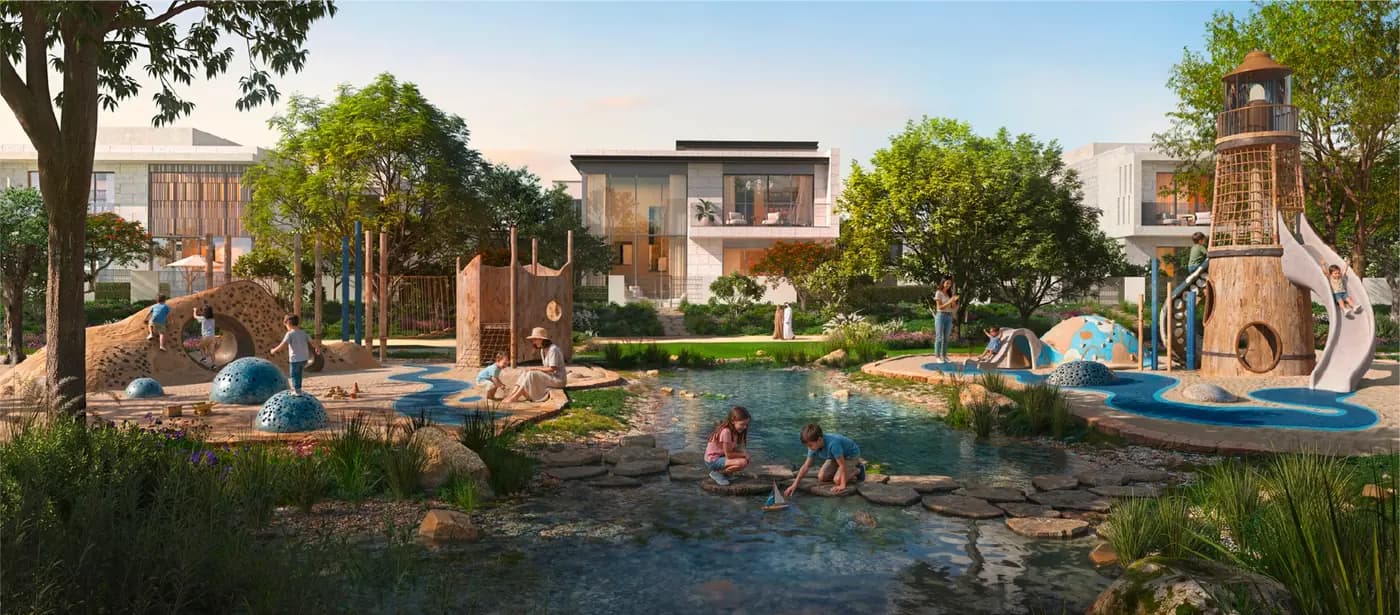 Developer rendering of the maritime-themed children's play area beside a water feature at Talay