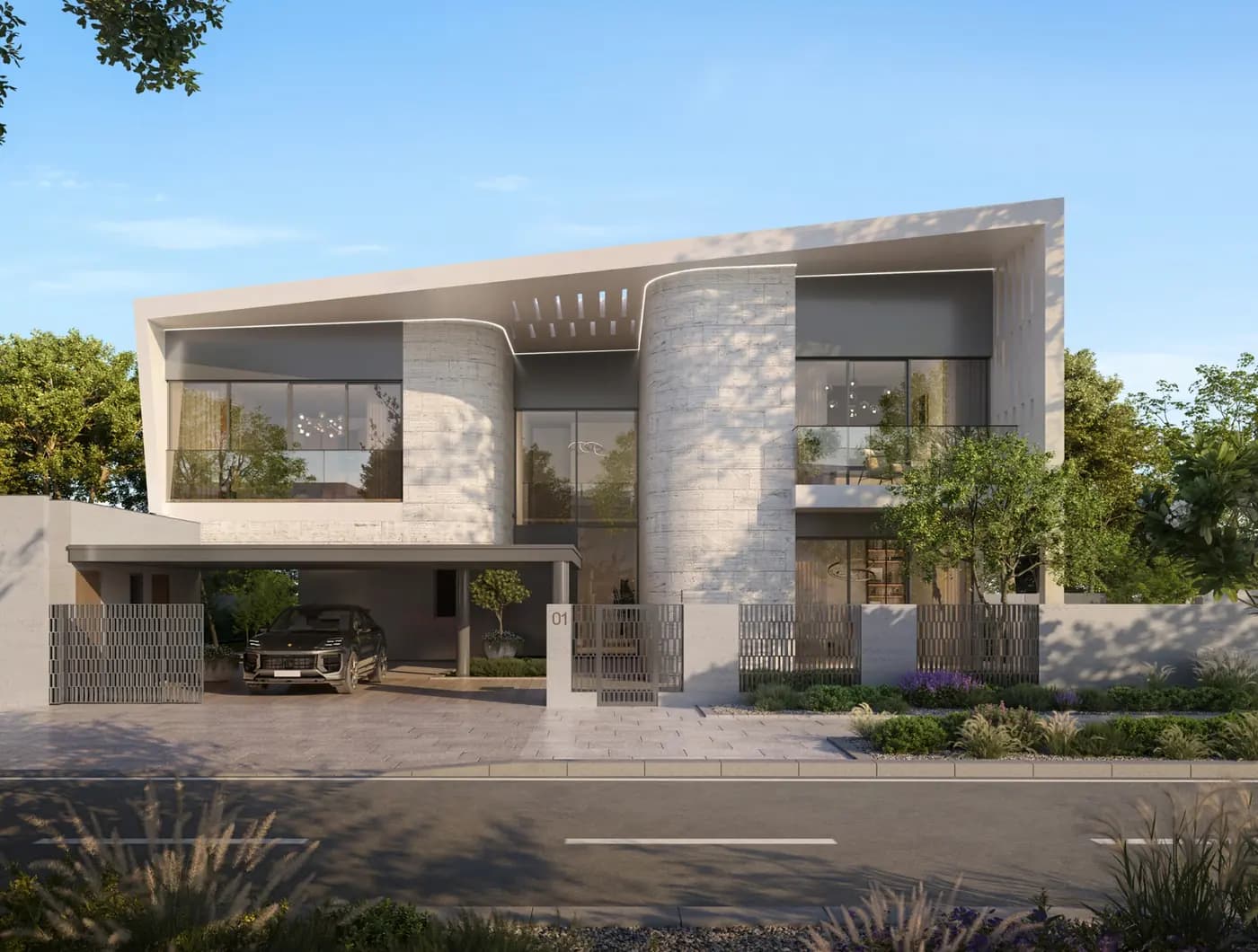 Developer rendering of a four bedroom Talay villa exterior with white render, covered entrance and mature planting