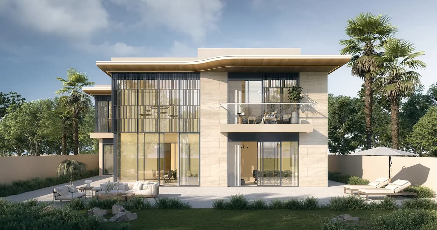 Developer rendering of a five bedroom Talay villa with double-height glazing, stone facade and palm garden