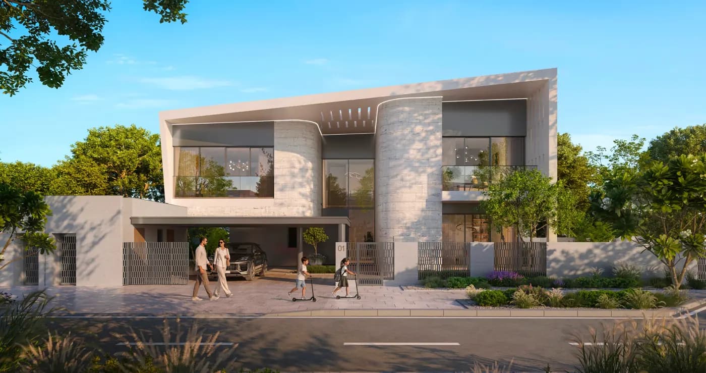Developer rendering of a Talay villa street with contemporary standalone homes and landscaped gardens